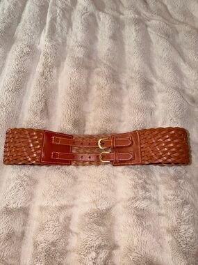 Genuine Leather Woven Wide Brown Leather Double-Buckle Waist Belt